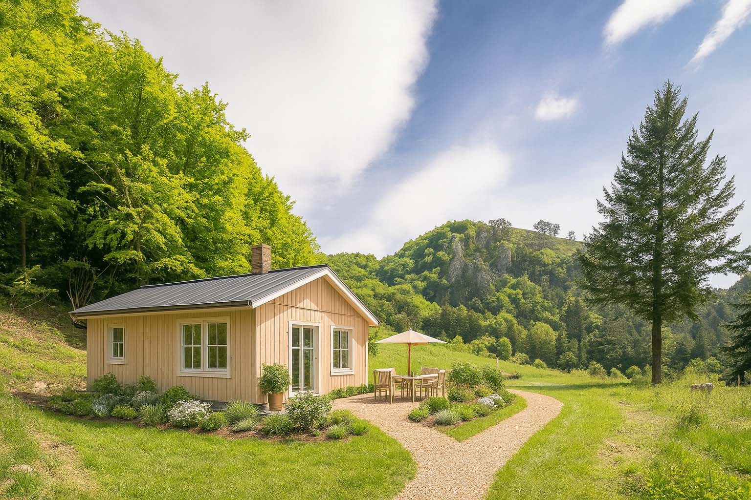 Vizualizace zrekonstruované chaty v lese v horách