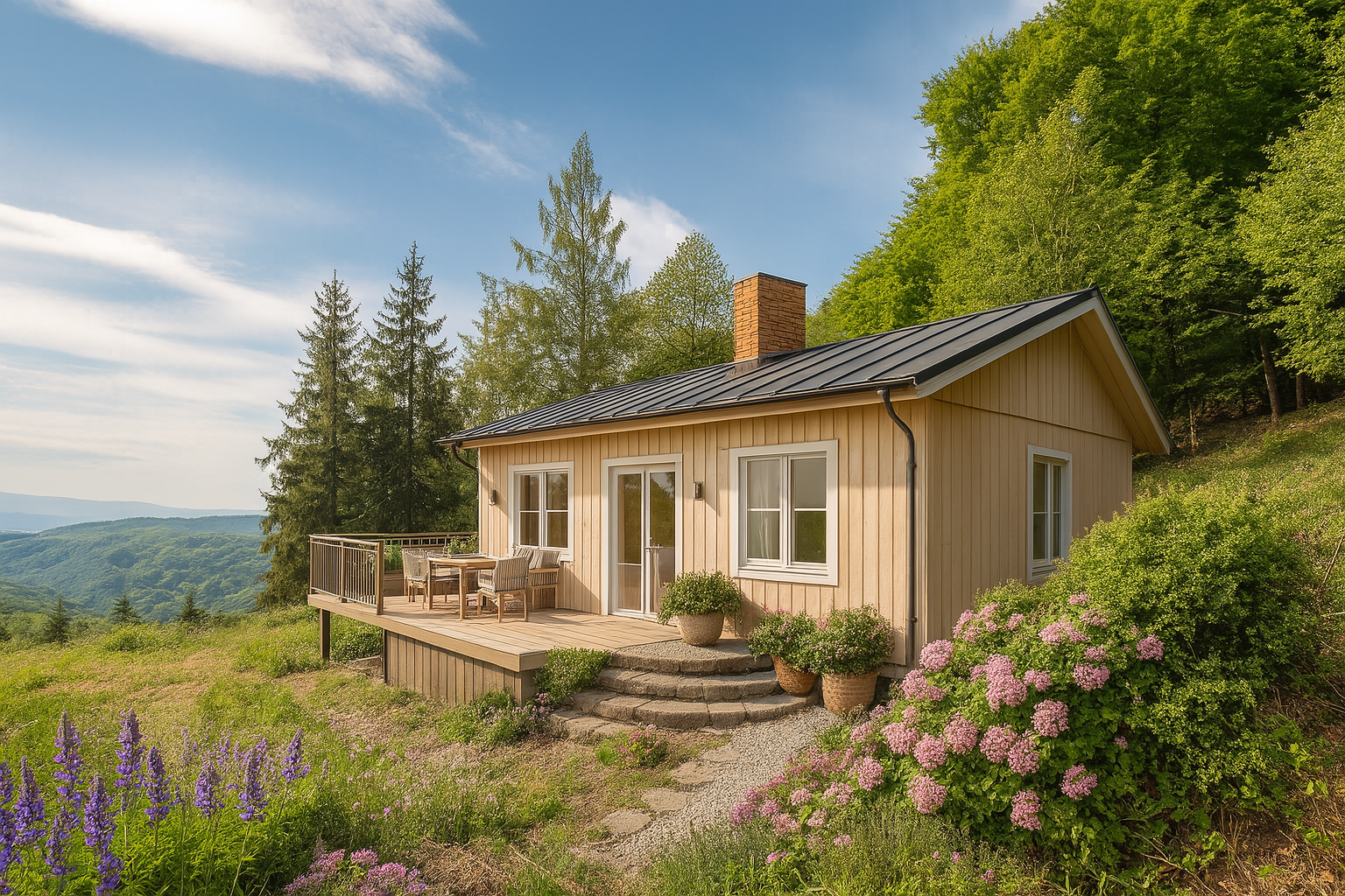 Vizualizace zrekonstruované chaty v horách