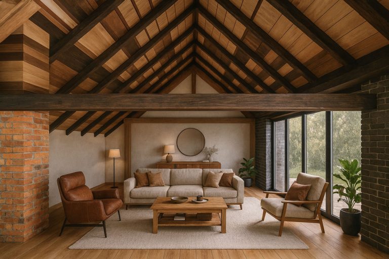 Vizualizace půdního prostoru po rekonstrukci do podoby moderního obývacího pokoje